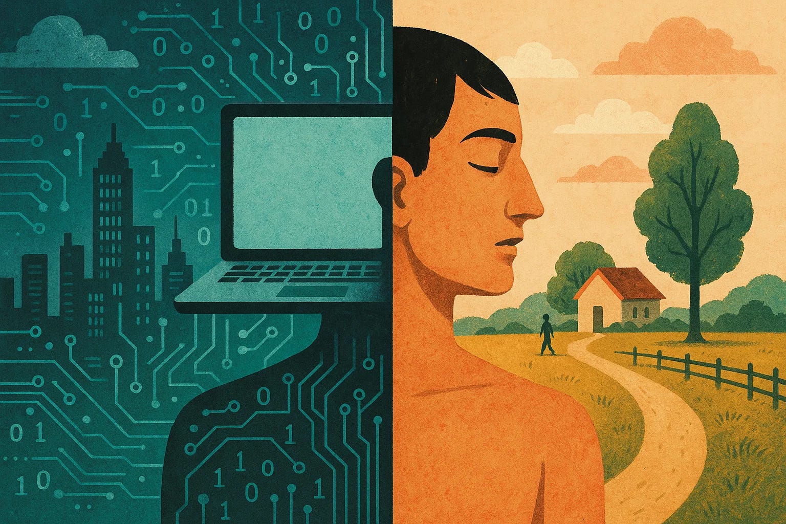 Split reality of a computer with proccessing power and a man in a village