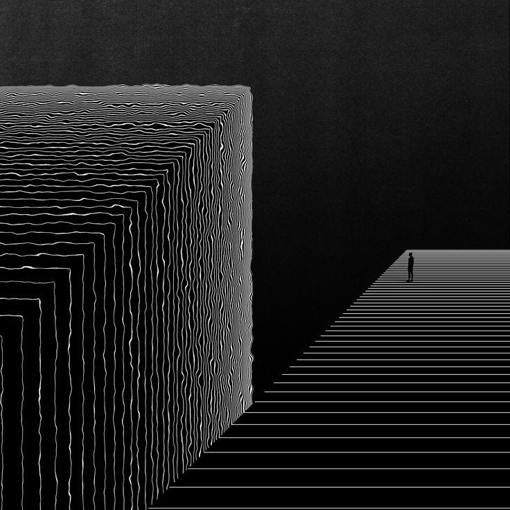 This may contain: a man standing in the middle of a room surrounded by lines