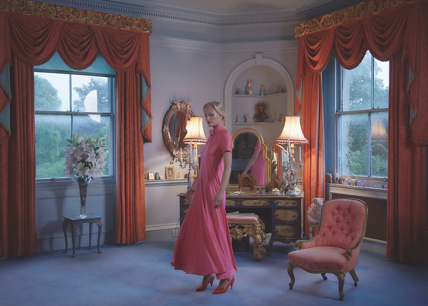 Model Leni Vöster wears one of Barbra Cartland's Dresses, Photography By Claudia Legge, Styling by Grace Joel, Make Up Dominique Hawkes Hair Laura Swaine Barbra Cartland Model Leni Vöster wears one of Barbra Cartland's Dresses, Photography By Claudia Legge, Styling by Grace Joel, Make Up Dominique Hawkes Hair Laura Swaine Barbra Cartland