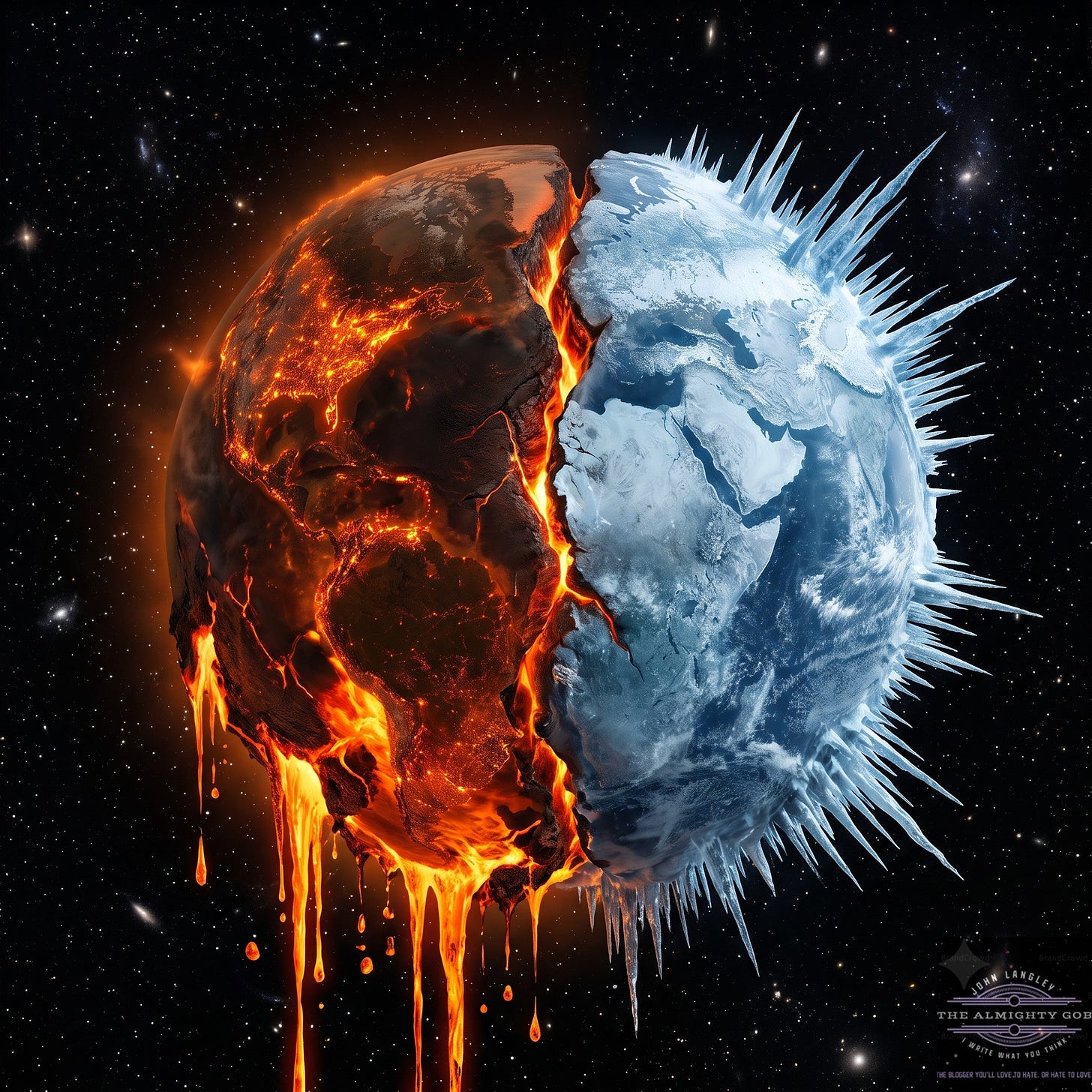 The Almighty Gob Image Planet Earth split in two from space — one half scorched and dripping molten lava, the other frozen with jagged ice — symbolising climate extremes.