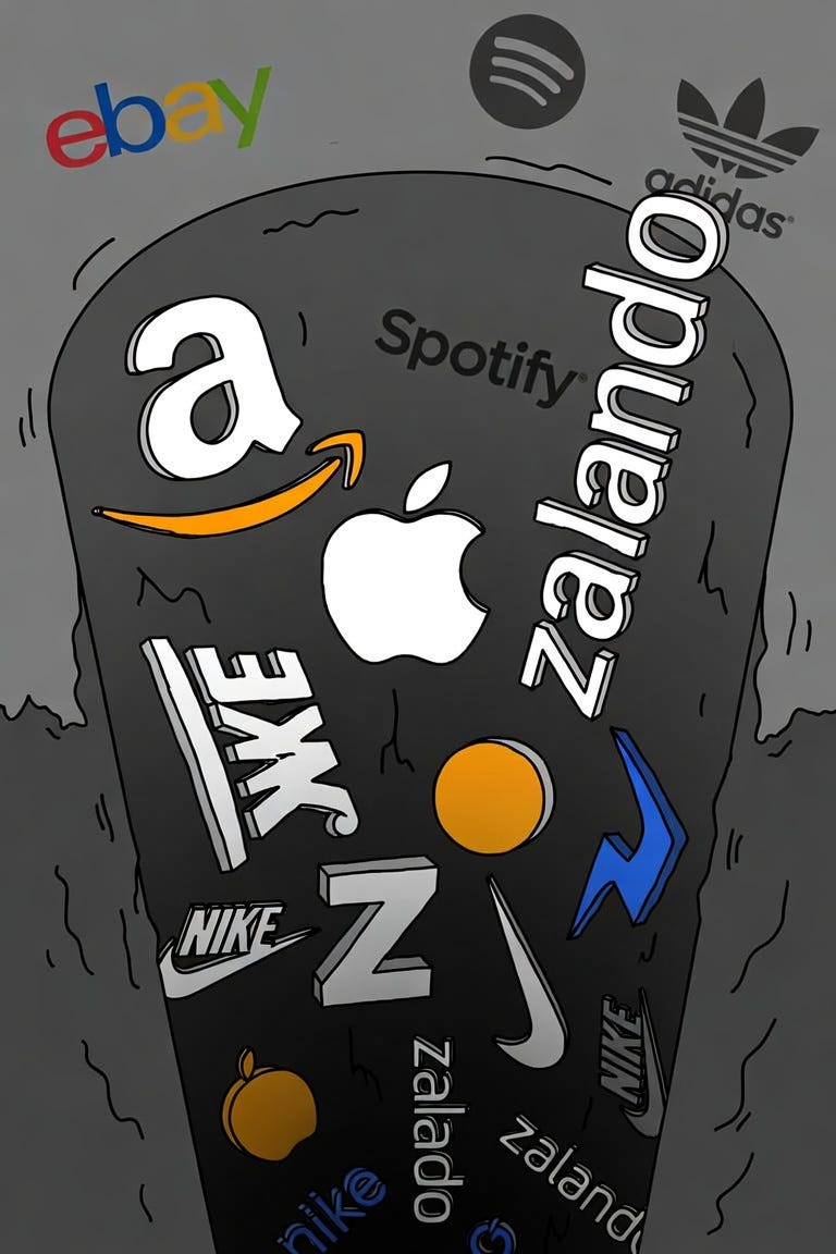 dibuja una caricatura de un pozo o cloca, de paginas webs de internet, donde se vean sobresalir marcas como Amazon, Apple, Zalando, Nike... etc