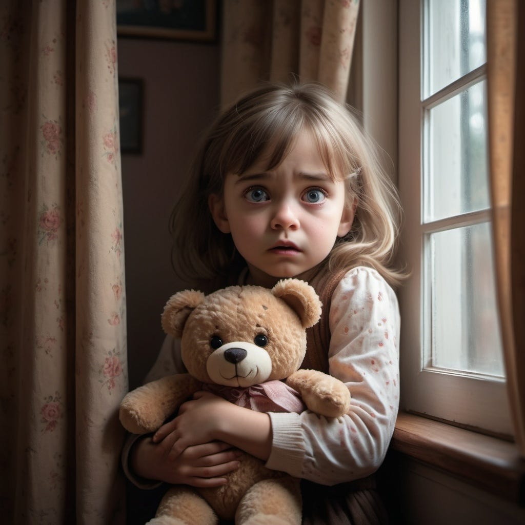 afraid little girl sitting next to a window holding on to a teddy bear. afraid little girl sitting next to a window holding on to a teddy bear.