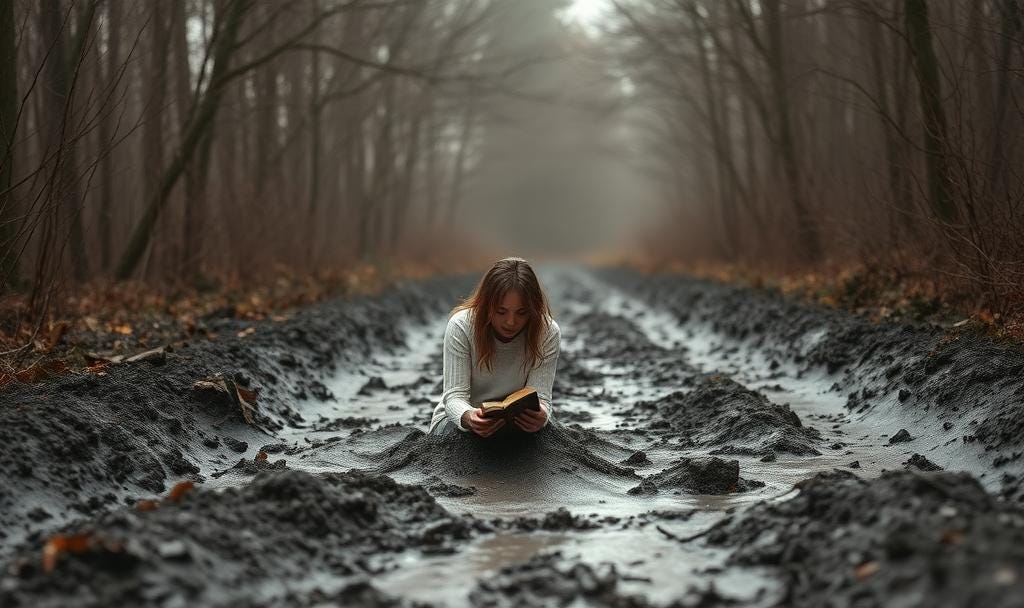 writer stuck in thick mud on a long track in the woods