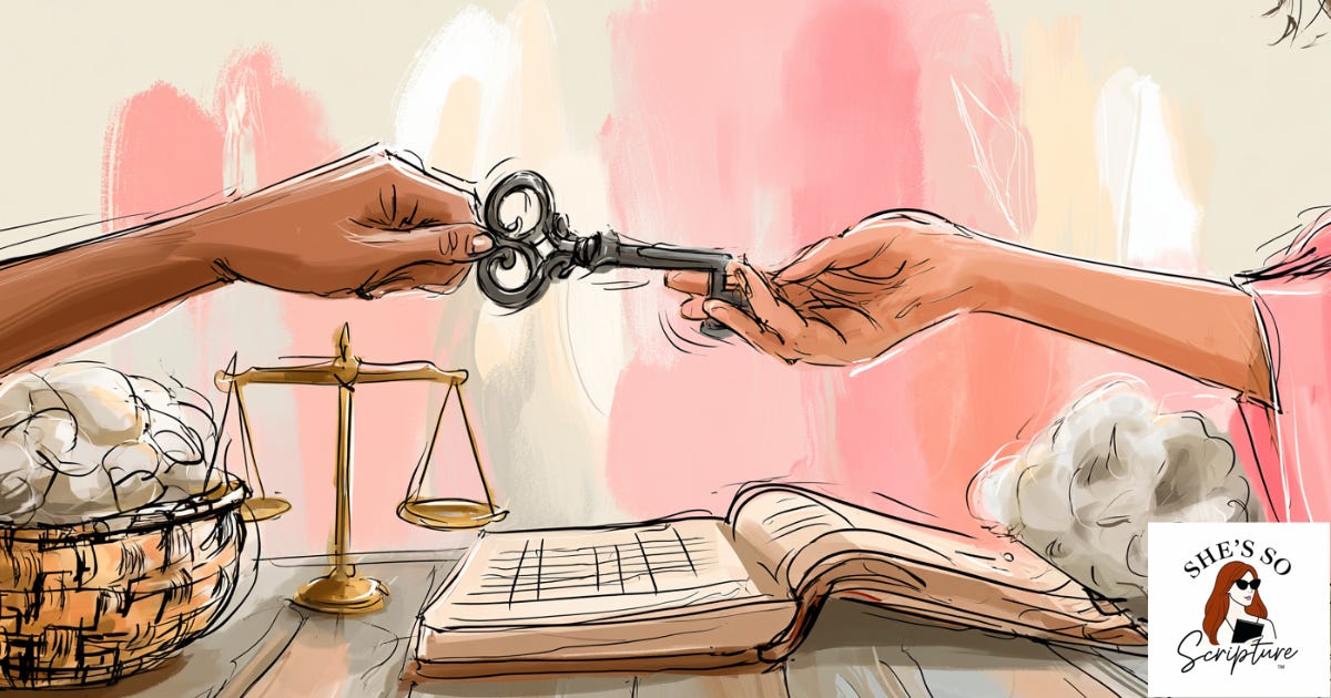 Illustrated overhead scene of hands exchanging an iron key over an open ledger, with a brass scale and a wool basket nearby, in warm blush and cream watercolor tones Illustrated overhead scene of hands exchanging an iron key over an open ledger, with a brass scale and a wool basket nearby, in warm blush and cream watercolor tones