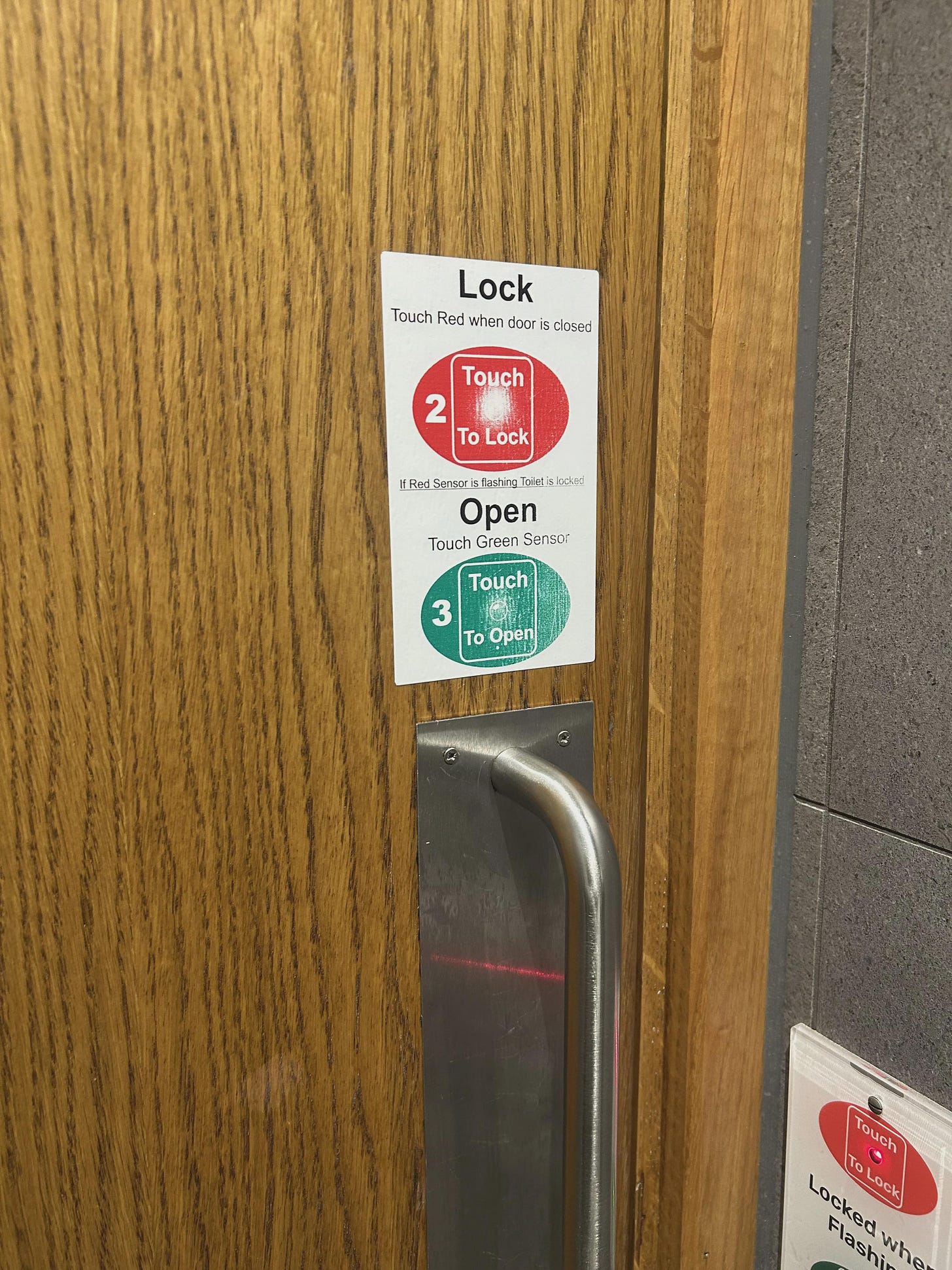 r/CrappyDesign - Lock Touch Red when door is closed Touch 2 To Lock If Red Sensor_is flashing Toilet is locked Open Touch Green Sensor Touch 3 To Open] Touch '6 Locked Lockl Flasbi whe