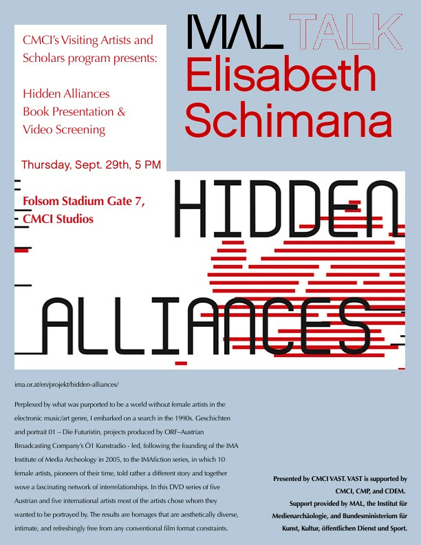 Elisabeth Schimana - Hidden Alliances Book Talk. Thursday Sept. 29, 5 PM, Folsom Stadium Gate 7 CMCI Studios