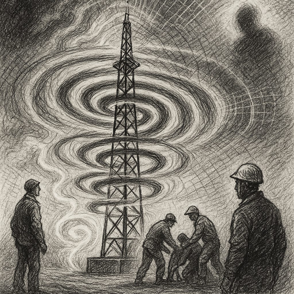 A surreal charcoal-style illustration of the same tower, now surrounded by swirling concentric energy spirals. The sky is dark and turbulent. A vague shadowy presence looms in the background above the structure. Workers remain on the platform, engaged in tasks, while the energy dominates the scene