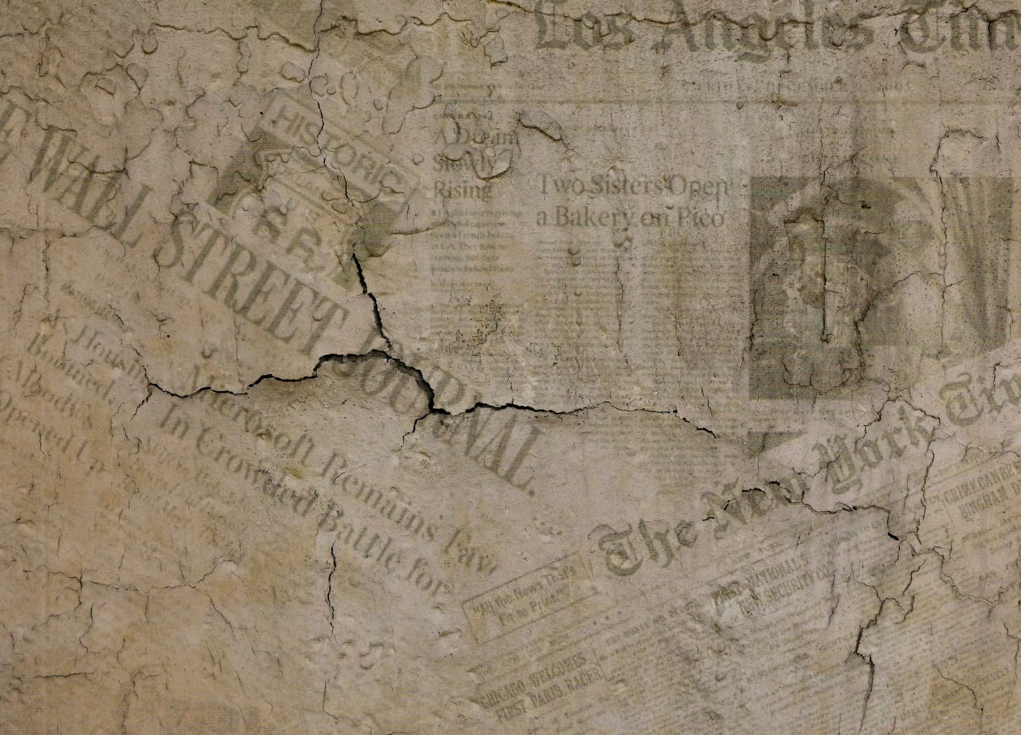 Front pages of weathered newspapers including the LA Times, Wall Street Journal, and New York Times, symbolizing the passage of time and America’s shifting narrative.