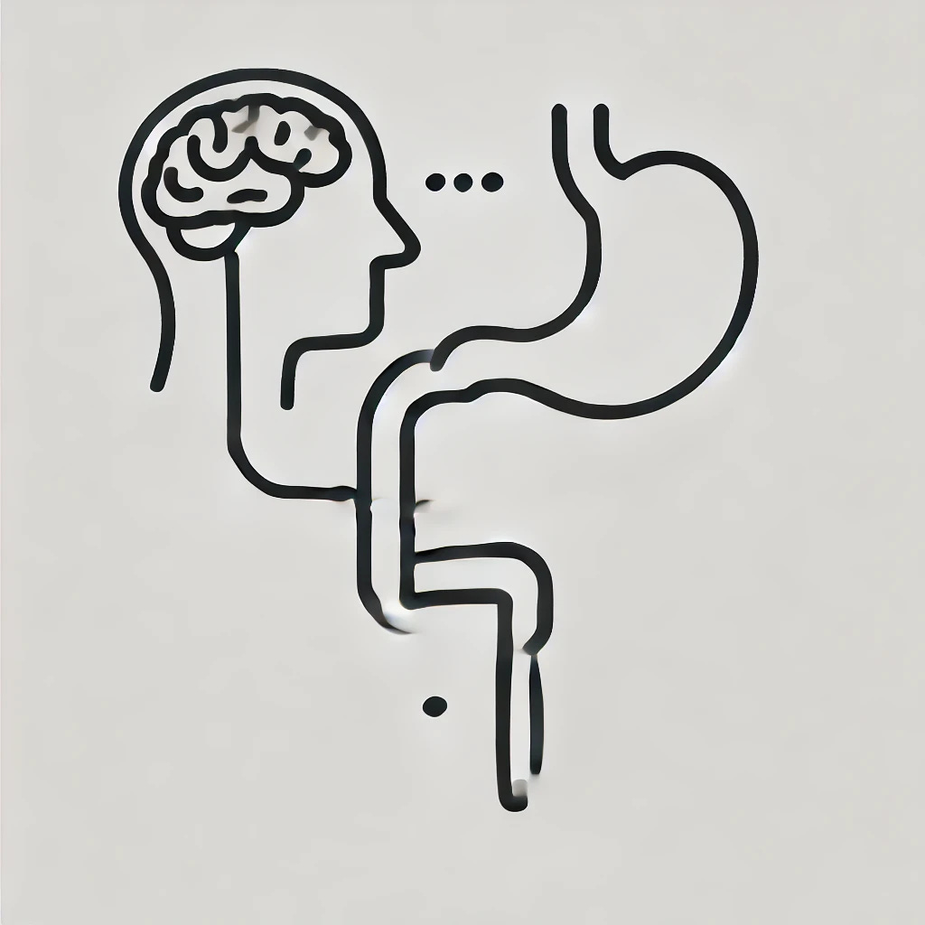 A very simple illustration of the gut-brain axis. Show a simple outline of a human head connected by a single line to a simple outline of a stomach. Emphasize the connection with a clear, single line representing the neural pathway between the brain and the gut. The design should be minimalistic with no additional details or words, just the basic shapes representing the brain and gut.