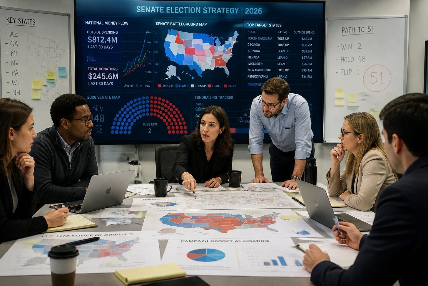 A group of political strategists and campaign staff gathered around a conference table discussing charts and data in a modern meeting room.