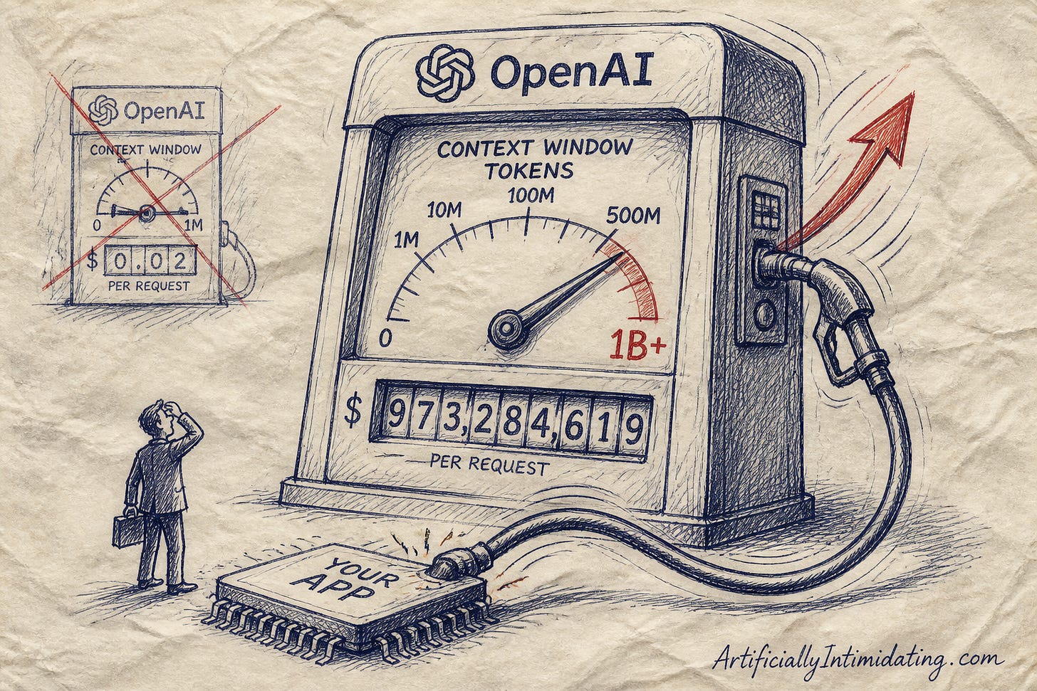 Editorial cartoon: a giant gas pump with its price dial spinning upward, hose plugged into a single computer chip, a small businessman staring up at the number