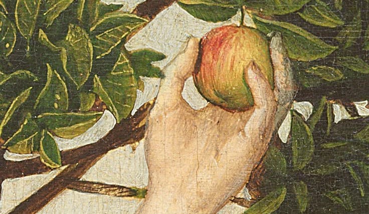 This may contain: a painting of a hand holding an apple in front of a tree with green leaves