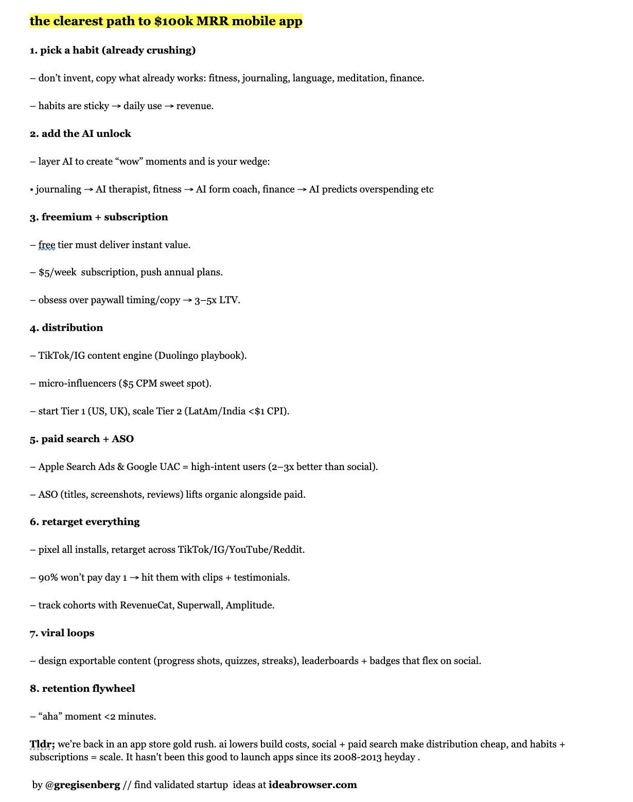 Text listing steps for building a mobile app, including picking a habit, adding AI, using a freemium model, distribution via TikTok and Instagram, and paid search. The text is formatted in bullet points with bold headings for each step.