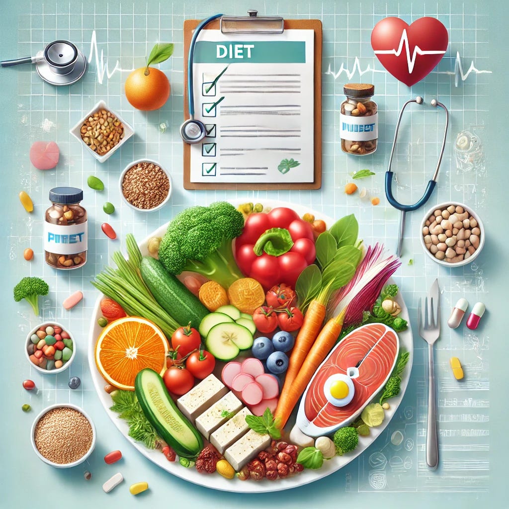 A visual representation of a balanced diet plate with nutritious foods that support patients on GLP-1 therapy. The plate includes a variety of colorful fruits, vegetables (like broccoli and carrots), lean proteins (such as grilled chicken and tofu), whole grains (like brown rice or quinoa), and a small supplement bottle of vitamins (for calcium and B12). The background is light and clean, with a subtle healthcare theme, such as a stethoscope or medical chart faintly visible, representing the integration of medical care with nutrition.