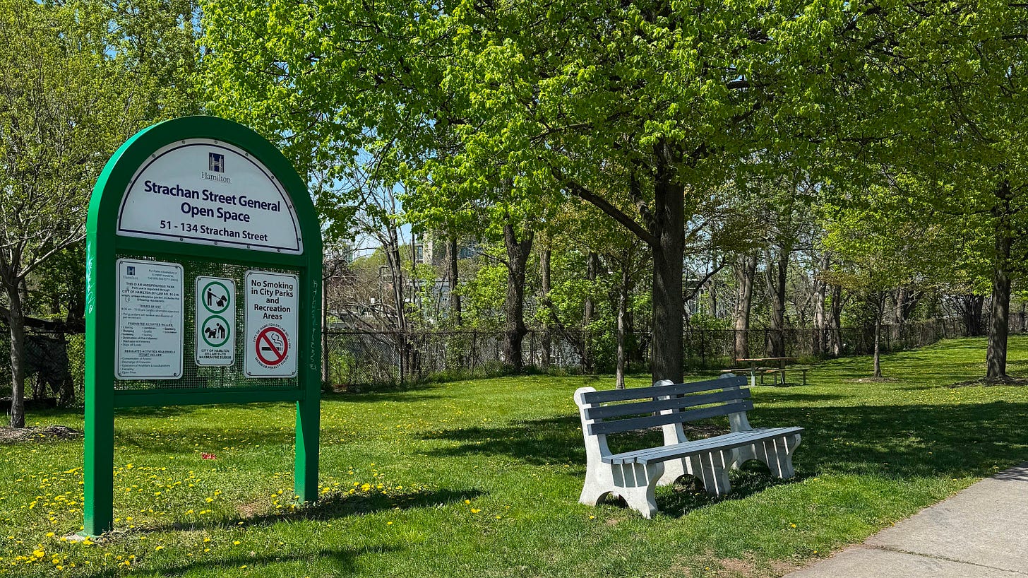 Benches, picnic tables, and signage along Strachan Street East as part of the future Strachan Linear Park