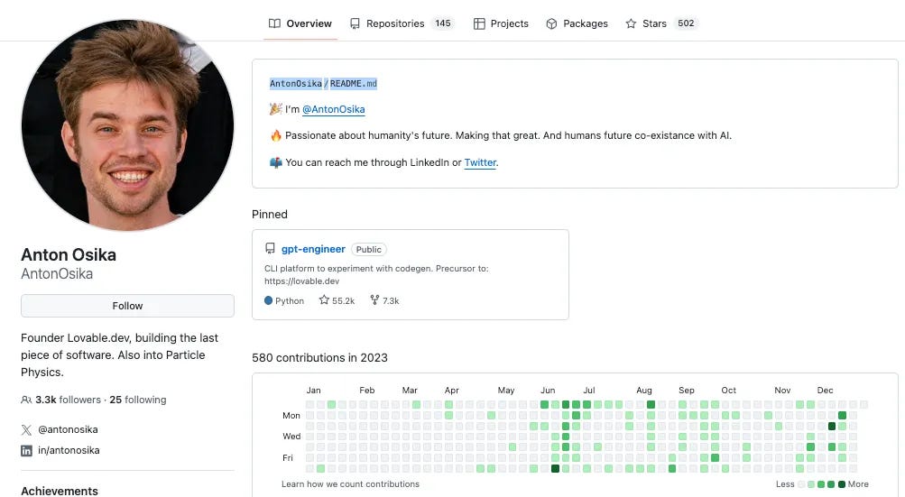 Anton Osika GitHub profile, founder of Lovable, showing the GPT Engineer repository with 55.2K stars and 7.3K forks pinned as the precursor to Lovable.dev. Osika studied engineering physics at KTH, worked at CERN, was first engineer at Sana Labs, and co-founded Depict.ai through Y Combinator before building GPT Engineer in 2023.Anton Osika GitHub profile, founder of Lovable, showing the GPT Engineer repository with 55.2K stars and 7.3K forks pinned as the precursor to Lovable.dev. Osika studied engineering physics at KTH, worked at CERN, was first engineer at Sana Labs, and co-founded Depict.ai through Y Combinator before building GPT Engineer in 2023. Anton Osika GitHub profile, founder of Lovable, showing the GPT Engineer repository with 55.2K stars and 7.3K forks pinned as the precursor to Lovable.dev. Osika studied engineering physics at KTH, worked at CERN, was first engineer at Sana Labs, and co-founded Depict.ai through Y Combinator before building GPT Engineer in 2023.Anton Osika GitHub profile, founder of Lovable, showing the GPT Engineer repository with 55.2K stars and 7.3K forks pinned as the precursor to Lovable.dev. Osika studied engineering physics at KTH, worked at CERN, was first engineer at Sana Labs, and co-founded Depict.ai through Y Combinator before building GPT Engineer in 2023.