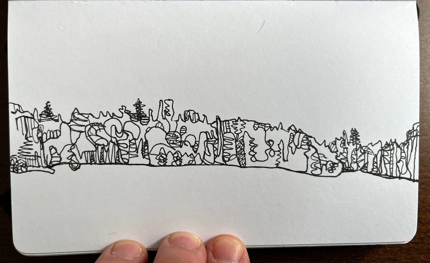 ink drawing of trees near the lake