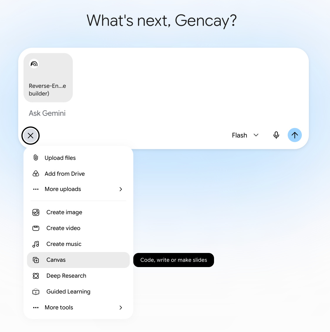 Canvas option in the Gemini plus menu, labelled code, write or make slides