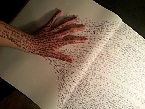 This may contain: an open book with writing on it and two hands reaching out from the pages that are folded in half