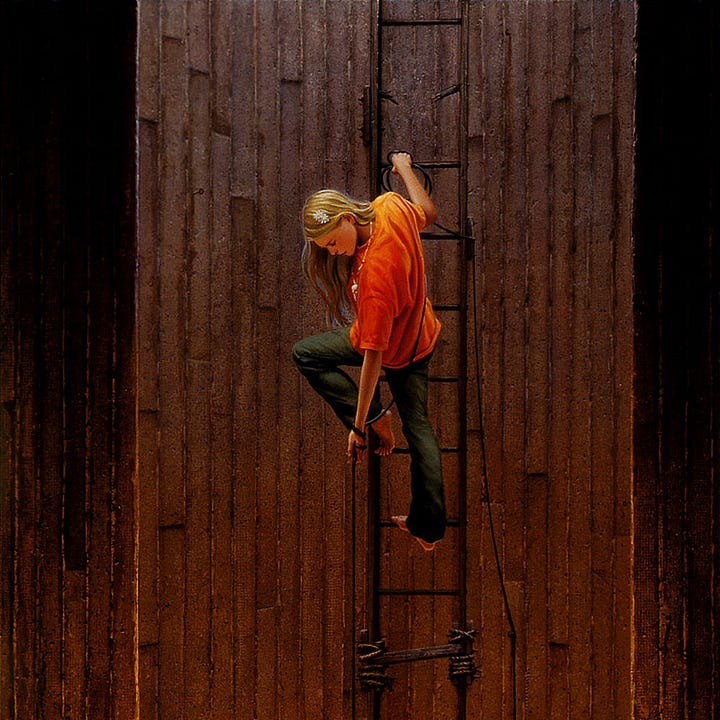 LEFT: Detail from BLUE WHALE featuring a young woman gripping the rung of a wooden ladder with one hand as she looks down the rope she's hauling. The rung immediately above her is broken but she doesn't see it. RIGHT: Detail from BLUE WHALE featuring the lantern farther down the shaft. A tiny blue whale decorates the side panel of the brass lamp. The circle of illumination cast from the bottom is cut off at the lower edge of the panel. The ladder is cobbled together with rope tying two segments together.