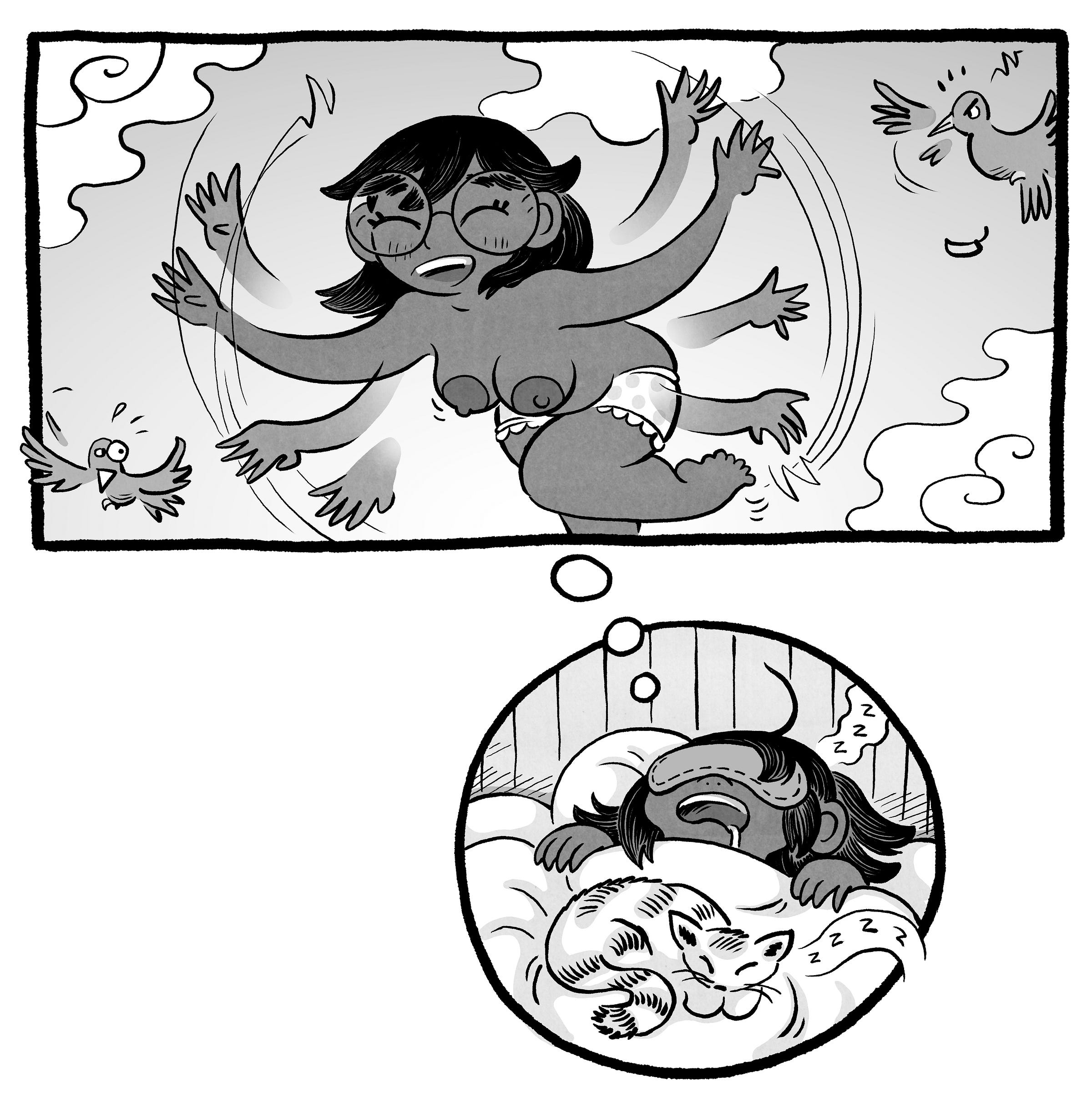 Top panel: In a dream bubble above her sleeping body, the woman frantically flaps her arms like wings while birds circle nearby. Bottom circular panel: She sleeps face-up wearing a sleep mask and drooling slightly while a cat rests comfortably on her belly. Top panel: In a dream bubble above her sleeping body, the woman frantically flaps her arms like wings while birds circle nearby. Bottom circular panel: She sleeps face-up wearing a sleep mask and drooling slightly while a cat rests comfortably on her belly.