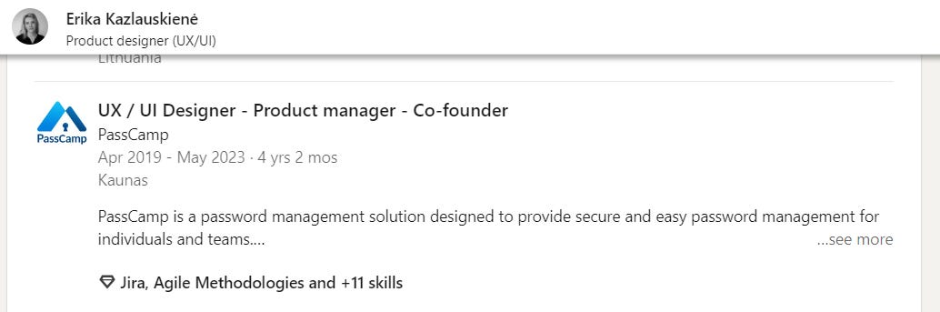 A screenshot of Erika Kazlauskienė's LinkedIn profile showing her as co-founder of PassCamp