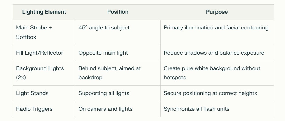 A table detailing a professional photography lighting setup with five rows describing lighting elements, their positions, and purposes. The table includes main strobe, fill light, background lights, stands, and radio triggers specifications. A table detailing a professional photography lighting setup with five rows describing lighting elements, their positions, and purposes. The table includes main strobe, fill light, background lights, stands, and radio triggers specifications.