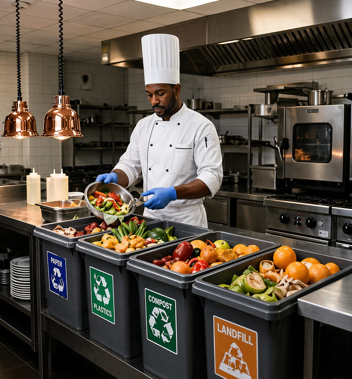 A professional chef sorts fresh food waste into recycling and compost bins in a modern commercial kitchen, highlighting sustainable practices and responsible food management.