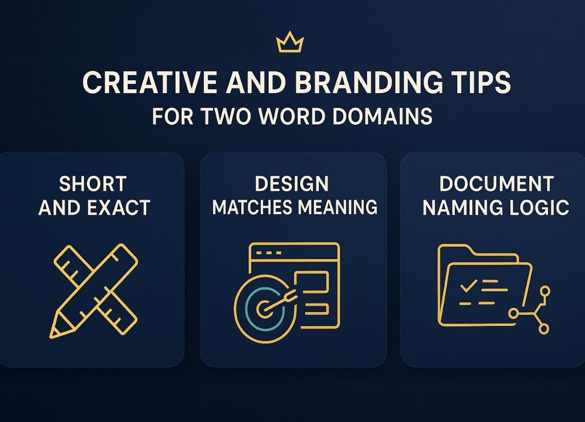 Landscape navy infographic with three gold icon panels titled Short and Exact, Design Matches Meaning, and Document Naming Logic. Landscape navy infographic with three gold icon panels titled Short and Exact, Design Matches Meaning, and Document Naming Logic.