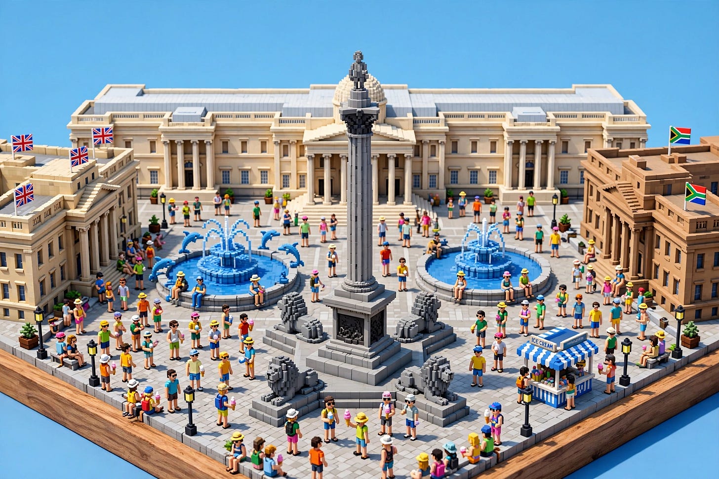 A voxel-art 3D diorama of Trafalgar Square in London, showing crowds dressed in hot weather clothes A voxel-art 3D diorama of Trafalgar Square in London, showing crowds dressed in hot weather clothes