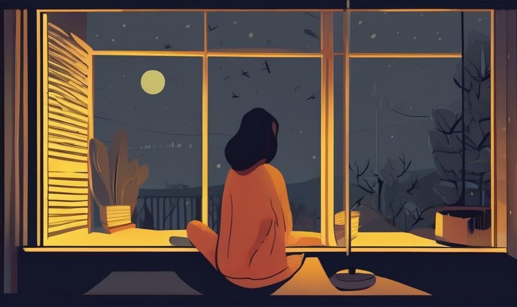 an illustration of a woman sitting at a window, looking outside at the night.