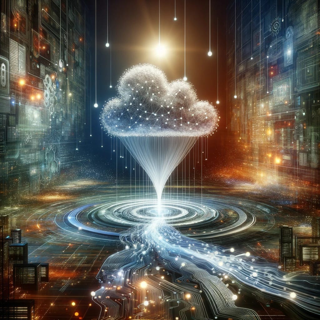 A conceptual art piece representing the augmentation of an innovative algorithm with up-to-date information. The scene depicts a modern, digital landscape with a stream of fresh data flowing into a complex, futuristic algorithm. The algorithm is visualized as a glowing, intricate network of nodes and connections, symbolizing advanced technology. The data stream is represented by luminous, dynamic lines of information, illustrating a continuous update process. The background is a blend of digital and abstract elements, emphasizing the cutting-edge nature of the algorithm and its continuous evolution with the latest information.