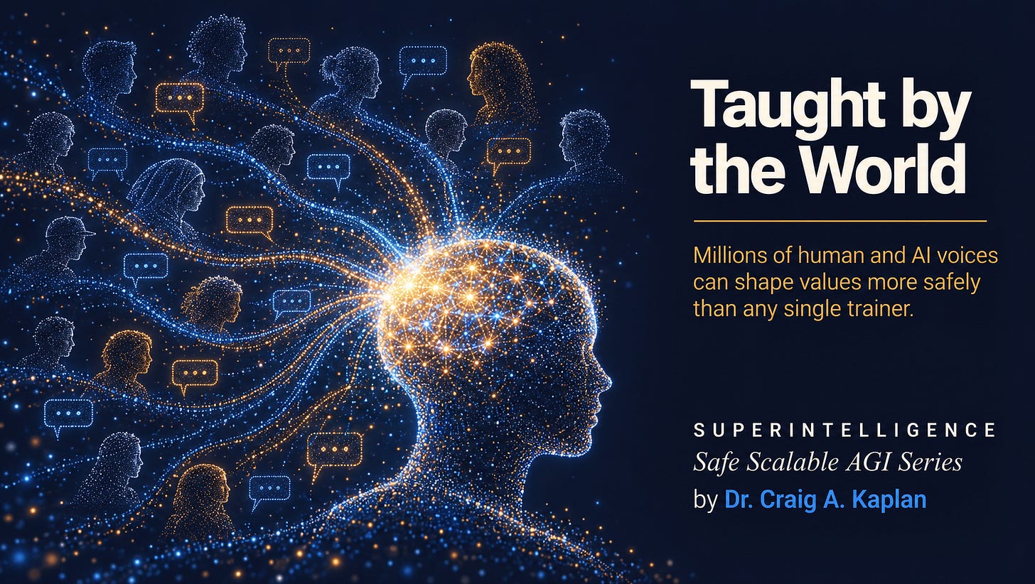 Digital particle illustration on a deep indigo background showing a diverse group of human silhouettes and speech bubbles sending blue and amber streams of light into a glowing human profile, representing millions of human and AI voices shaping shared values. Text reads: “Taught by the World. Millions of human and AI voices can shape values more safely than any single trainer. SUPERINTELLIGENCE. Safe Scalable AGI Series. by Dr. Craig A. Kaplan.” Digital particle illustration on a deep indigo background showing a diverse group of human silhouettes and speech bubbles sending blue and amber streams of light into a glowing human profile, representing millions of human and AI voices shaping shared values. Text reads: “Taught by the World. Millions of human and AI voices can shape values more safely than any single trainer. SUPERINTELLIGENCE. Safe Scalable AGI Series. by Dr. Craig A. Kaplan.”