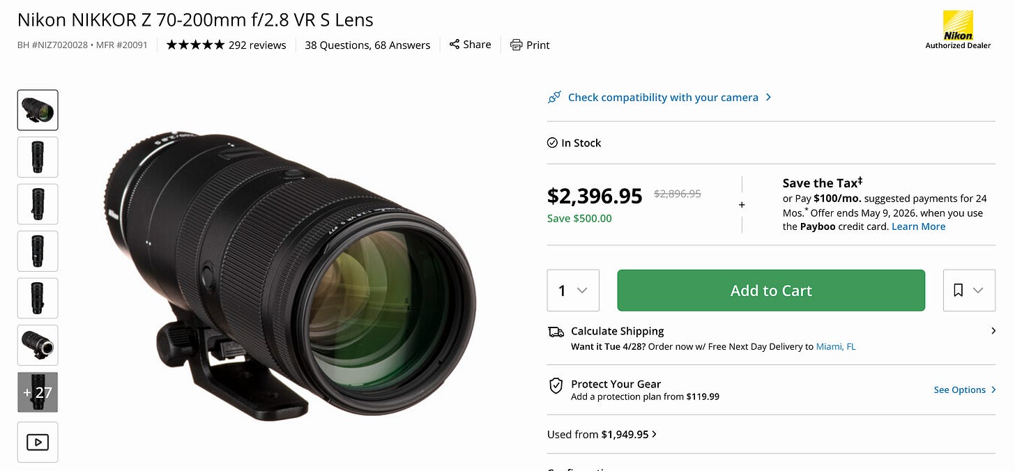 print da B&H mostrando a 70-200 com 500 dólares de desconto