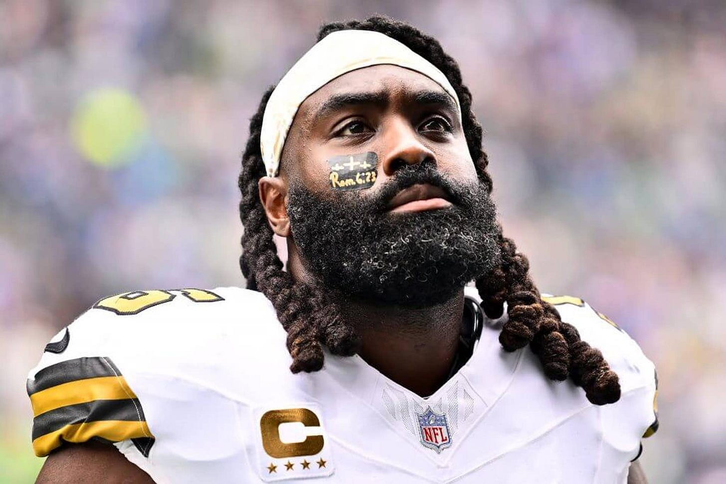 Demario Davis of the New Orleans Saints looks on before a game against the Seattle Seahawks at Lumen Field on Sept. 21, 2025 in Seattle.