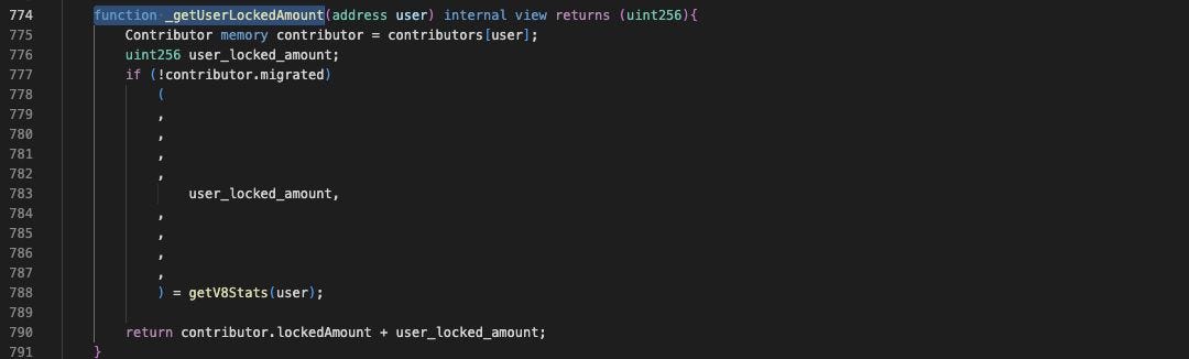 Figure 1. AITradeHubContract.sol, lines 774–791: unmigrated accounts include the locked amount returned by getV8Stats(user). Figure 1. AITradeHubContract.sol, lines 774–791: unmigrated accounts include the locked amount returned by getV8Stats(user).