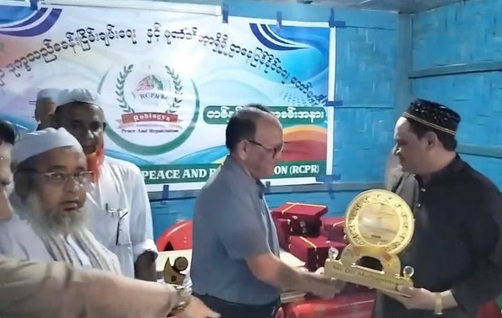 Images of Dil Mohammed, Myanmar military informant and smuggler, at various meetings in the Rohingya camps of Bangladesh. 2025