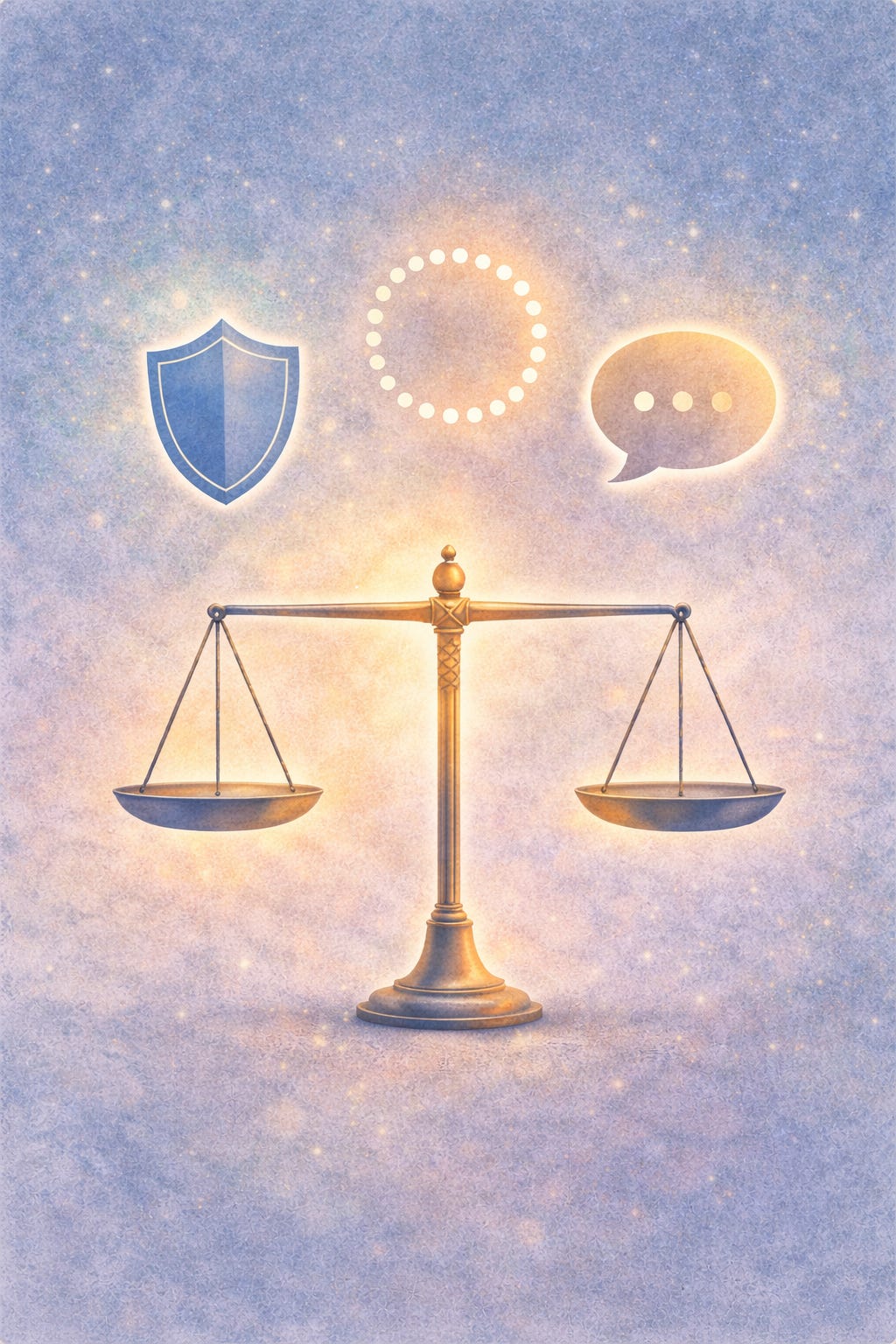 Minimal illustration of a balanced scale against a soft, calm background, with three small glowing icons above it representing protection, belonging, and communication.”