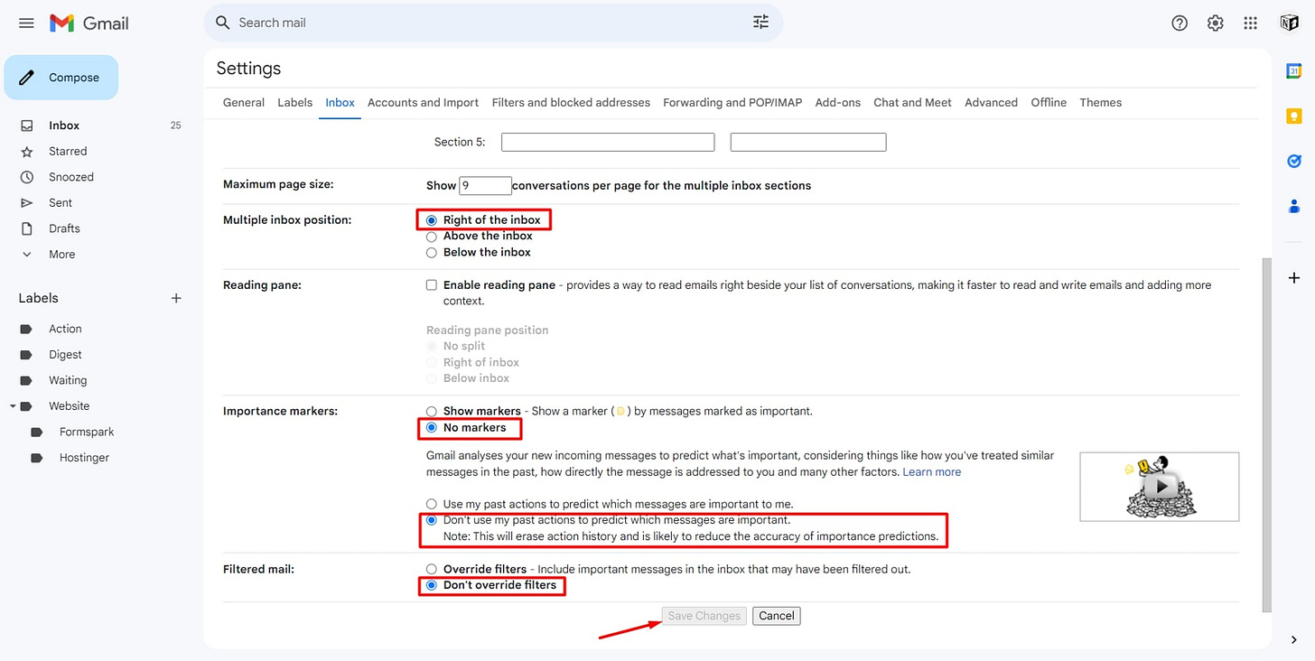 Setting up multiple inbox position, disabling importance markers and filtered mail functions. Setting up multiple inbox position, disabling importance markers and filtered mail functions.