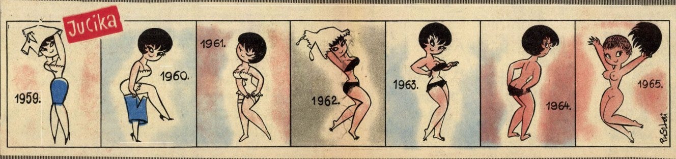 A seven-panel strip shows Jucika in the same outfit across the years 1959 to 1965, progressively removing one garment each year until she's fully nude and joyfully leaping by 1965. A seven-panel strip shows Jucika in the same outfit across the years 1959 to 1965, progressively removing one garment each year until she's fully nude and joyfully leaping by 1965.