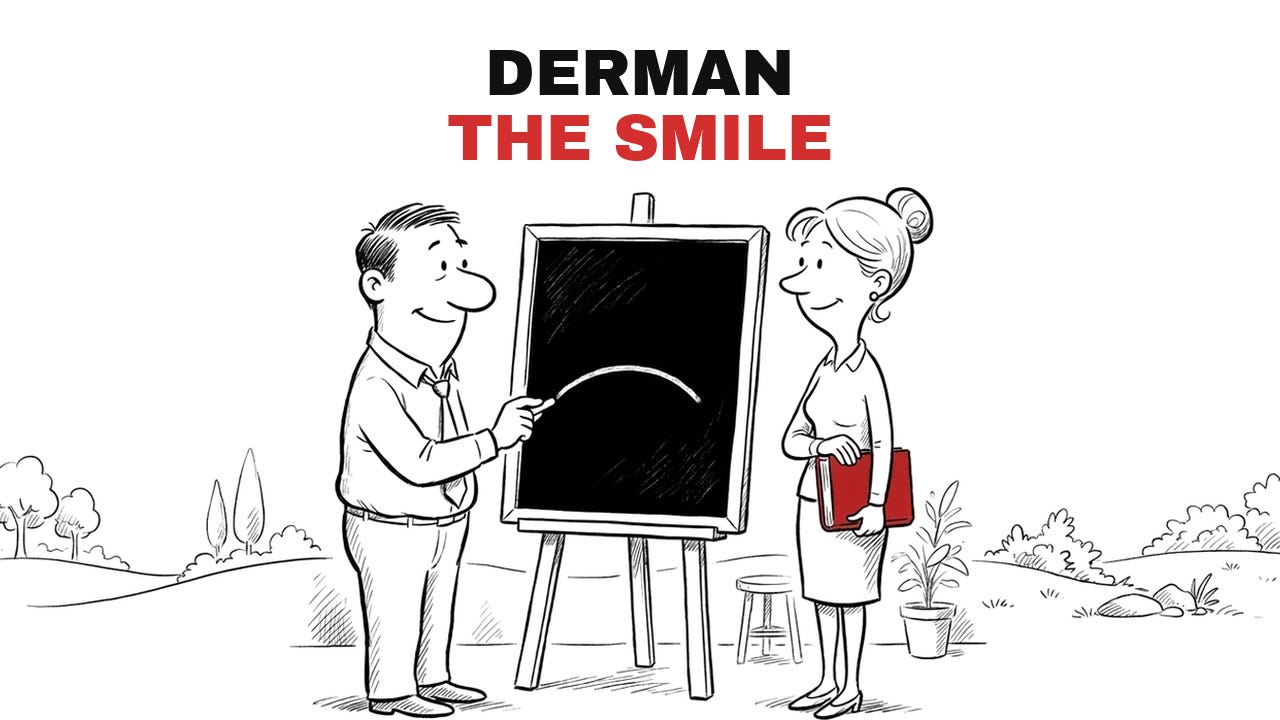 Cartoon: the mentor has drawn one smile-shaped curve on a blackboard and turns to a student who holds a red book, titled Derman, The Smile.