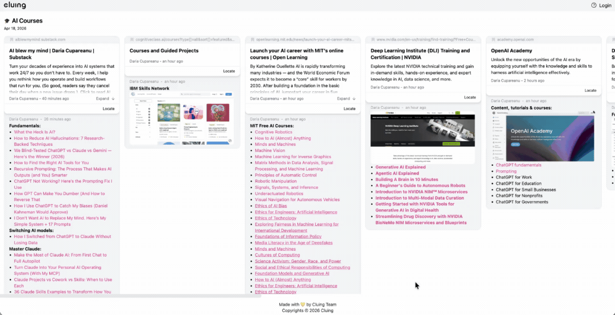Cluing board showing a collection of free AI courses from MIT, IBM, NVIDIA, OpenAI, and more, organized as snippets with links, descriptions, and curated lists of course titles.