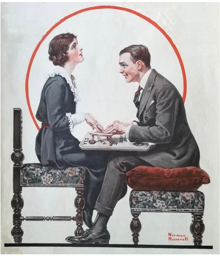 Norman Rockwell painting The Ouija Board, side profiles of a man and woman facing each other with a ouija board across their laps and their hands on the planchette
