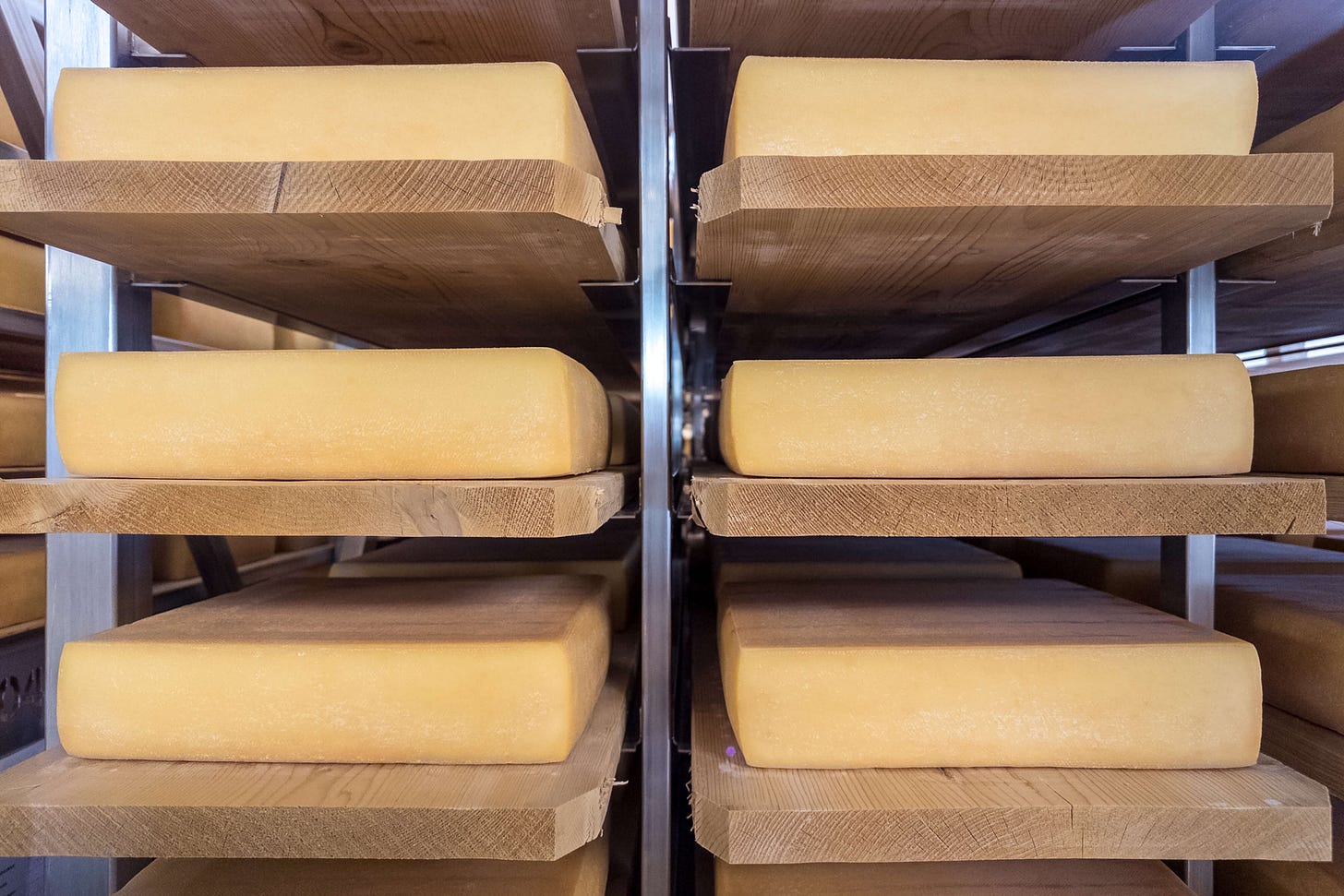 Das Foto zeigt mehrere Laibe Raclette-Käse, die auf Holzbrettern zur Reifung in der Käserei „Simmental Switzerland“ gelagert werden. Die Käselaibe sind rechteckig und gleichmässig geformt, mit einer glatten, goldgelben Oberfläche. Die Holzbretter sind in einem Metallregal gestapelt, das optimale Bedingungen für die Käselagerung bietet. Die Szene vermittelt die Sorgfalt, mit der der Käse hergestellt und gereift wird.