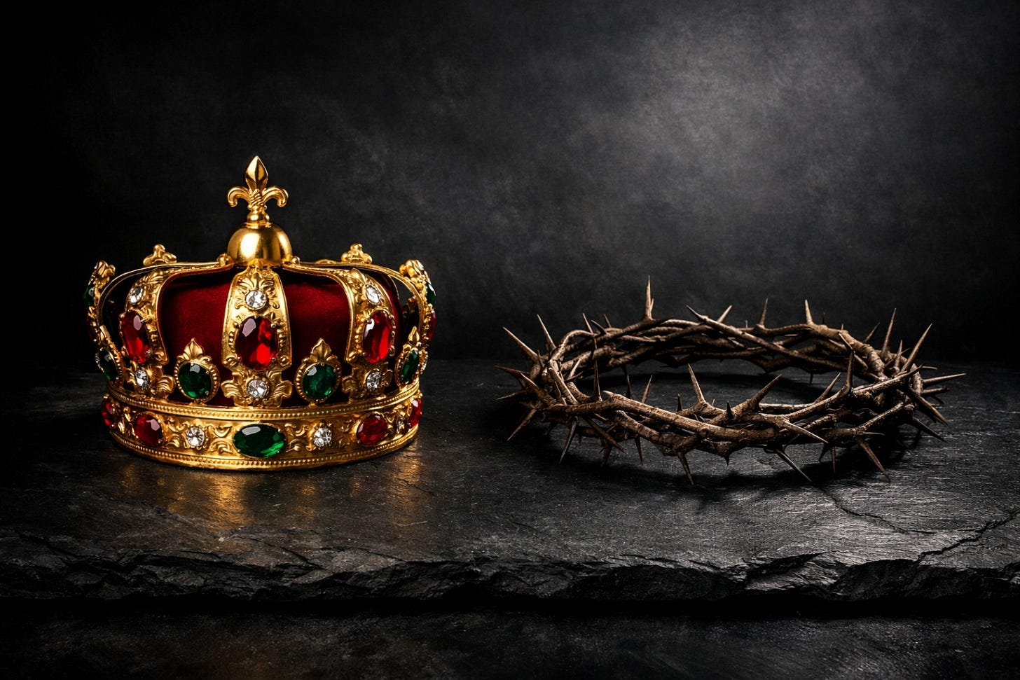 A golden royal crown beside a crown of thorns, symbolizing earthly power versus the sacrificial kingship of Christ. A golden royal crown beside a crown of thorns, symbolizing earthly power versus the sacrificial kingship of Christ.