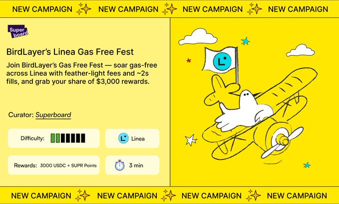 A yellow background with a cartoon airplane and a ghost character flying. Text reads "BirdLayer’s Linea Gas Free Fest" and mentions joining BirdLayer’s Gas Free Fest with feather-light fees and 2s fills, offering $3,000 USDC rewards. A leaderboard graphic shows difficulty bars, Linea logo, and reward details of 1000 USDC and SUPR Points, with a 3-minute timer. A yellow background with a cartoon airplane and a ghost character flying. Text reads "BirdLayer’s Linea Gas Free Fest" and mentions joining BirdLayer’s Gas Free Fest with feather-light fees and 2s fills, offering $3,000 USDC rewards. A leaderboard graphic shows difficulty bars, Linea logo, and reward details of 1000 USDC and SUPR Points, with a 3-minute timer.