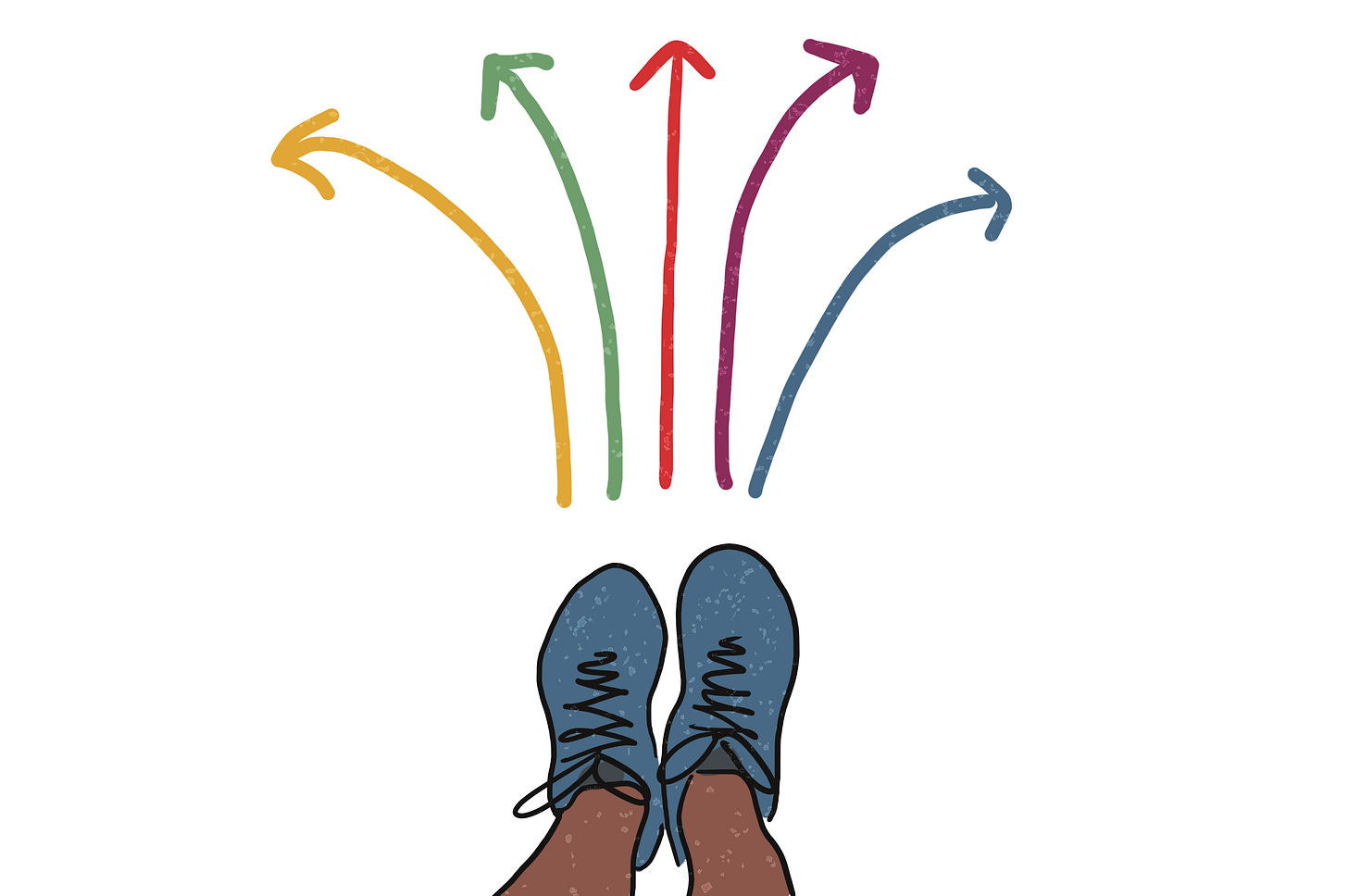 Cartoon image of a pair of shoes standing in front of five arrows