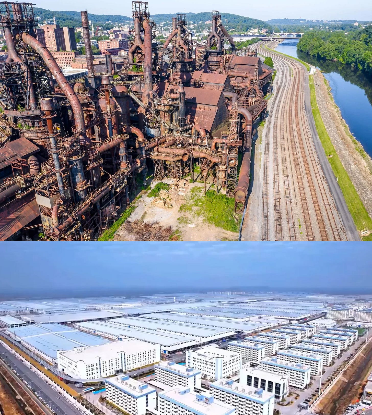 Abandoned US factory vs modern Chinese automated manufacturing line — why reshoring struggles while China scales