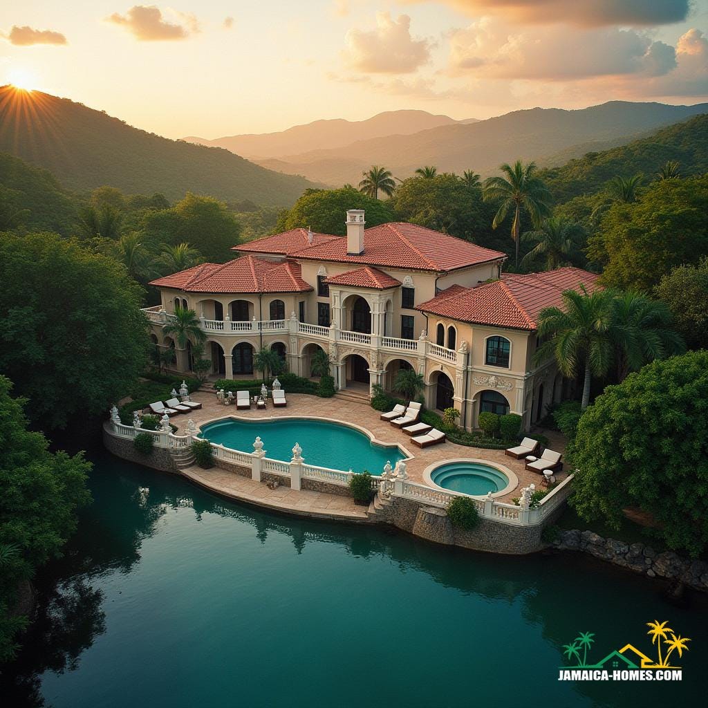 Grand estate with Mediterranean Revival architecture, nestled in the lush hills of Jamaica, Caribbean, featuring majestic arched windows, terracotta roofs, and intricate stone carvings, surrounded by crystal-clear swimming pools, perfectly captured in a cinematic film still, reminiscent of a 35mm film, shot on high-end V-Raptor XL camera, with noticeable film grain, subtle vignette, and meticulous color grading, showcasing warm, golden hues of the Caribbean sunset, post-processed to perfection, with dramatic, cinematic lighting, evoking a sense of luxury and serenity, in the style of acclaimed cinematographers, Emmanuel Lubezki and Roger Deakins, with a hint of Terrence Malick's lyrical, atmospheric storytelling.