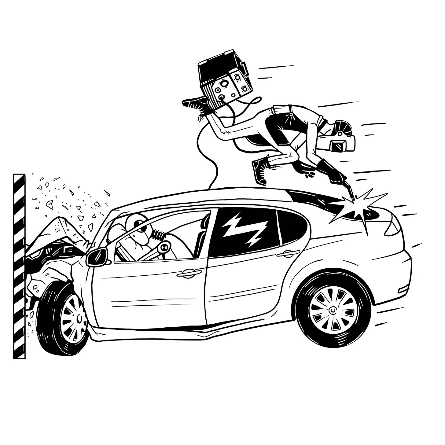 Ilustrace z knihy ukazuje automobil během testování čelního nárazu s dělníkem, který zároveň auto upravuje. Ilustrace z knihy ukazuje automobil během testování čelního nárazu s dělníkem, který zároveň auto upravuje.